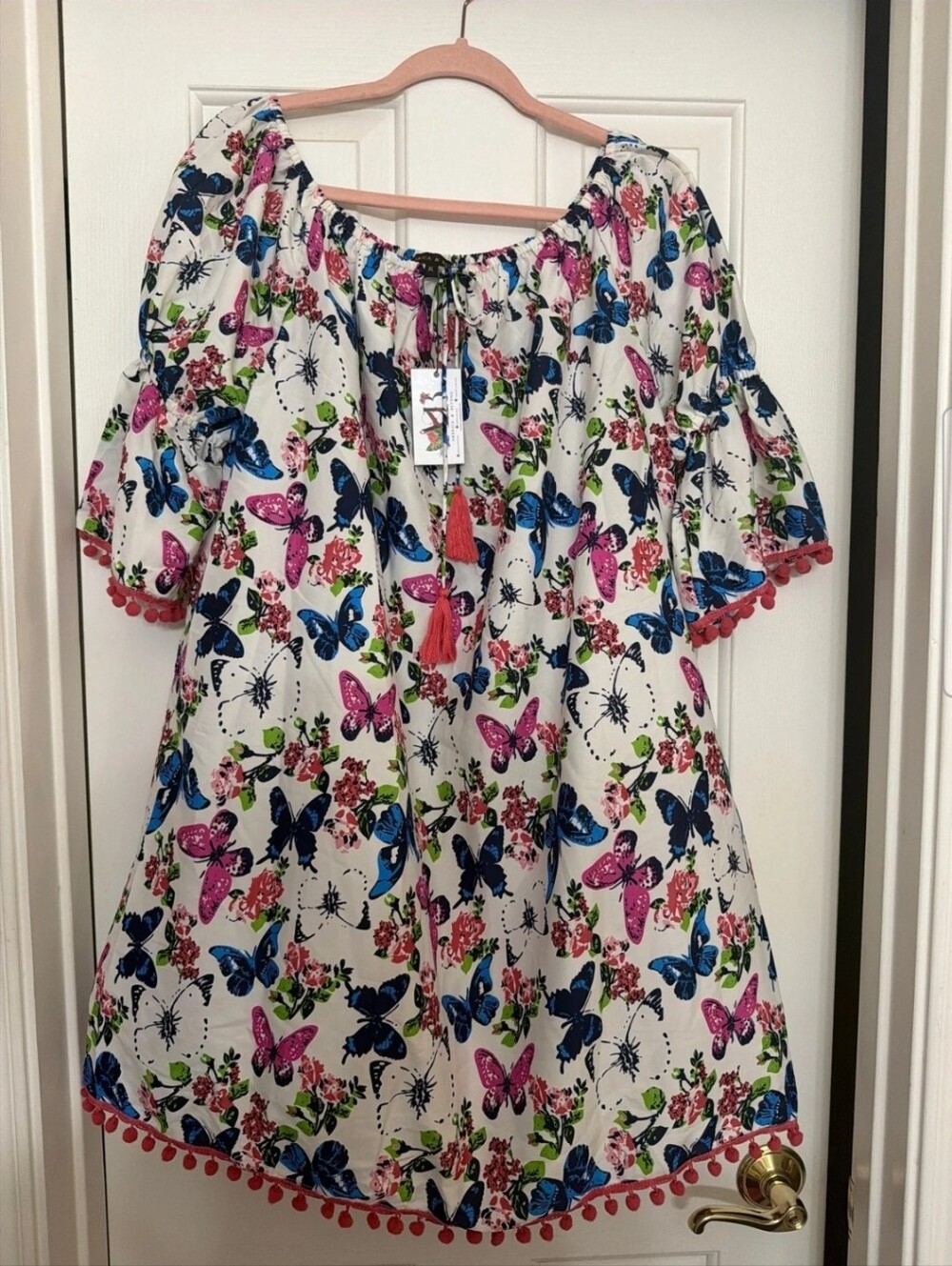 White Butterfly Print Off-Shoulder Dress with Pink Trim